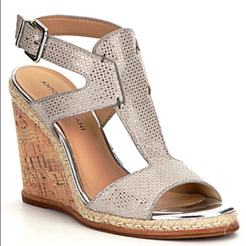 Antonio Melani Maree Silver Sandals Cork Wedge 7